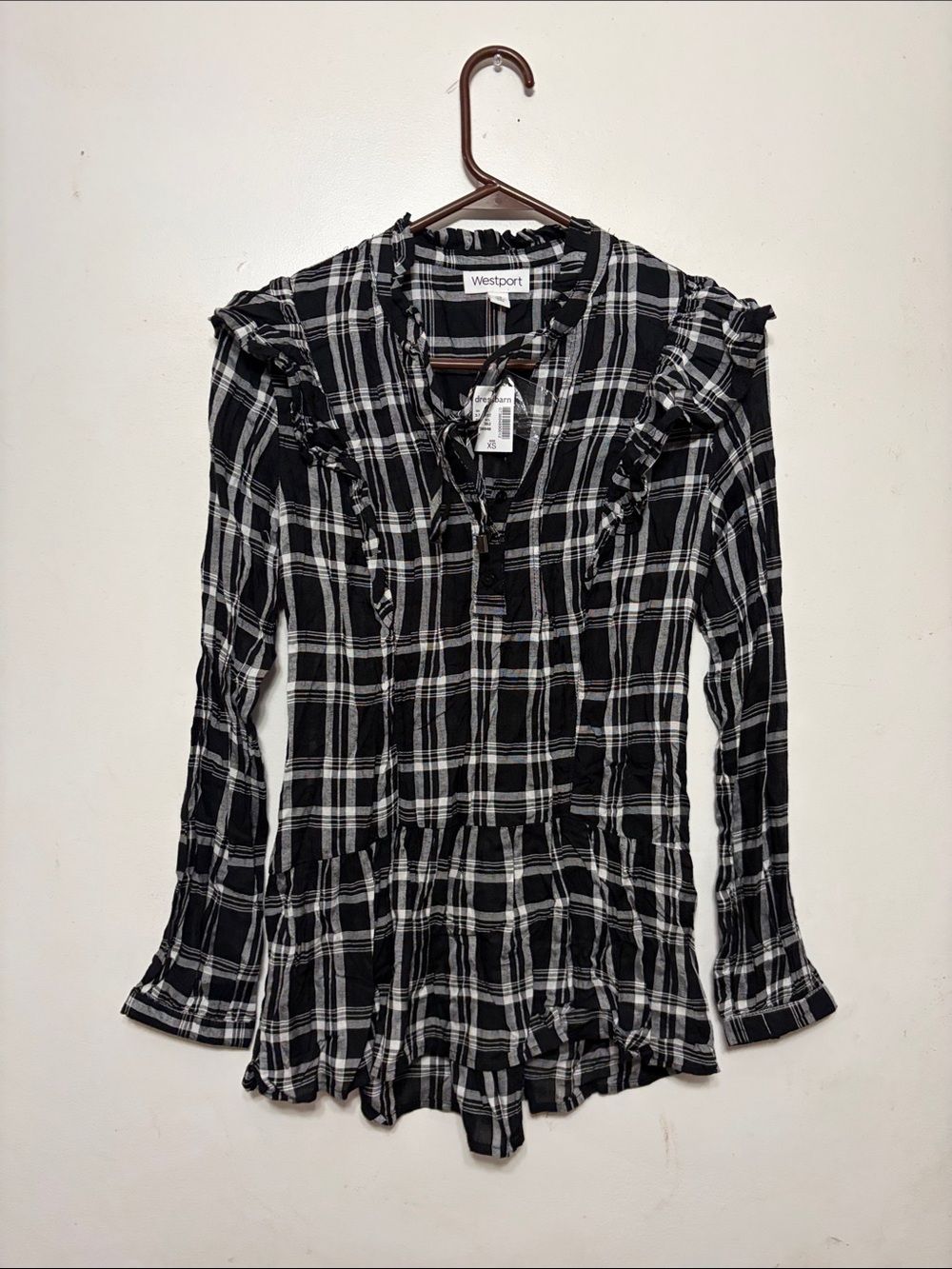 Westport Black & White Plaid Ruffle-Trim Peplum Long Sleeve Top